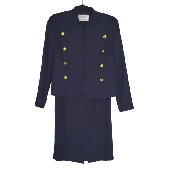 Constance Saunders Women Dress Suit Size 6 Navy Blue Gold Buttons Lined - Picture 1 of 8